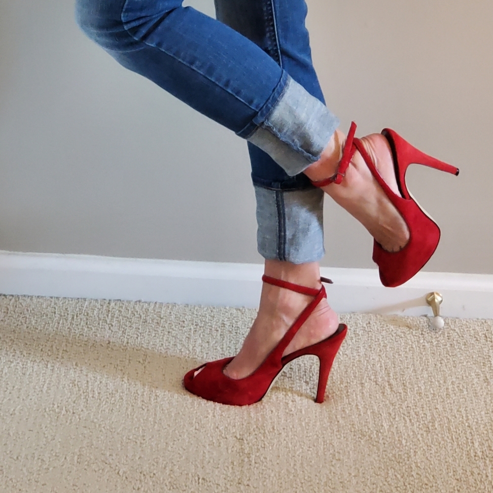RSVP, Red Suede peep toe ankle strap platform pumps